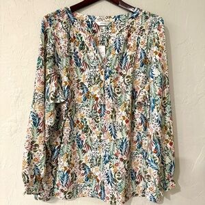 CJ Banks-Women’s Plus Long Sleeve Blouse-Cream Floral/Leaf Pattern-Size 2X-NWT